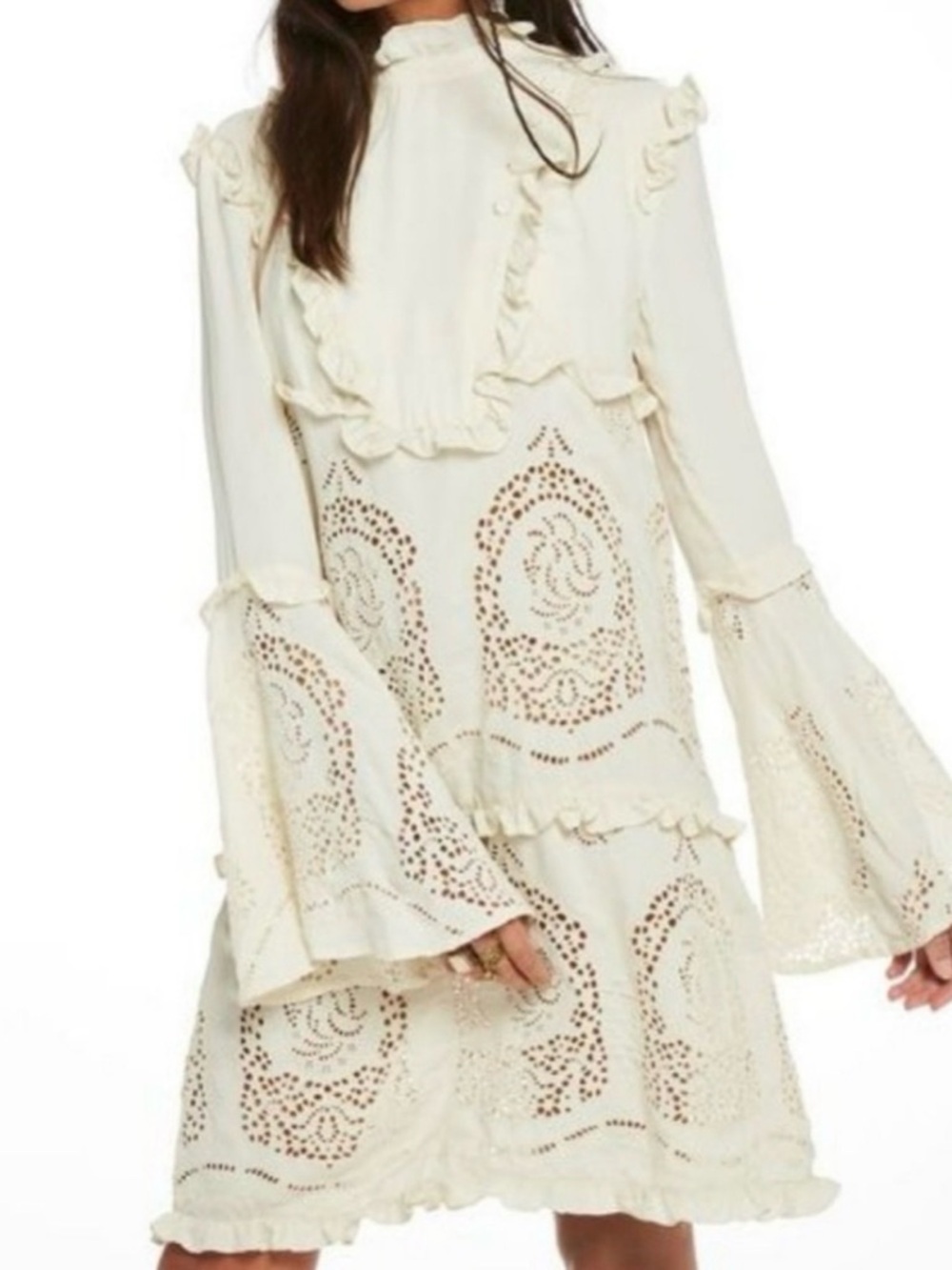 NWT SCOTCH & SODA Broderie Anglaise High Neck Flare Sleeve Ruffle Detail Dress M